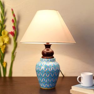 Unravel India Blue Pottery White Leave and Yellow dot Ceramic Matka Decorative Lamp with White Shade (Multicolor)