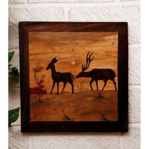 Unravel India Deer Pair Wooden Inlay Wall Painting