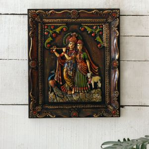 Unravel India "Dancing Radha Krishna" fiber procession wall art in wooden frame 