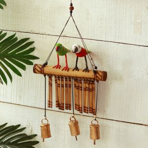 Unravel India multicolor "Duo "Clinkering Songbirds" wooden windchime with copper bells