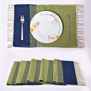 Unravel India handwooven cotton dining table placemats(Green & Blue, Set of 6)