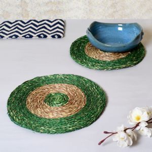 Unravel India Sabai grass circular green & brown dish coaster set(Set of 2)