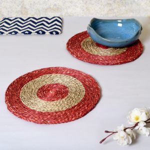 Unravel India Sabai grass circular red & brown dish coaster set(Set of 2)
