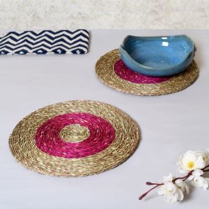 Unravel India Sabai grass circular brown & pink dish coaster set(Set of 2)