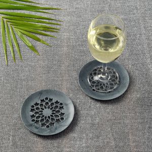 Unravel India Handcarved grey circular coaster in Soap Stone(Set of 2)
