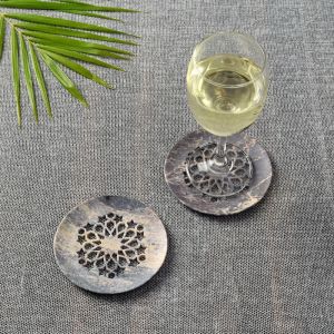 Unravel India Handcarved multicolor circular coaster in Soap Stone(Set of 2)