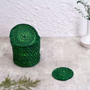 Unravel India Sabai grass olive green coaster set with stand for table serveware(Set of 6)
