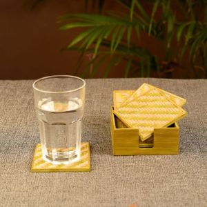 Uravel India handmade square serving bamboo coaster for daily tea/coffee(Green, Set of 6)