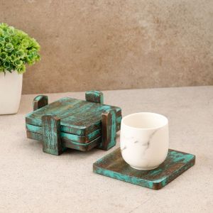 Unravel India "Squared Teal Blue" coaster set in Steambeach Wood (4 Coaster, 1 Base Tray)