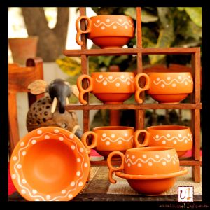 Unravel India Earthen Print Ceramic Cup Saucer(Set of 6)