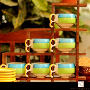 Unravel India Tri Print Ceramic Cup Saucer(Set of 6)