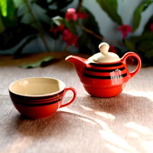 Unravel India Ceramic Single Tea Pot Set with Base Tray