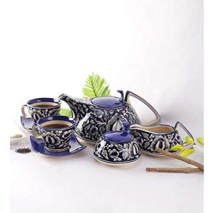 Unravel India Ceramic Mughal Handpainted Blue Tea Set (15 pcs.)