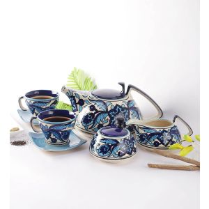 Unravel India Ceramic Moroccan Handpainted Blue Tea Set (15 pcs.)