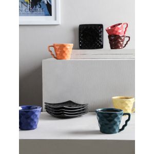 Unravel India ceramic multicolored diamond cup saucer set(Set of 6)