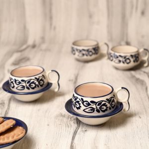 Unravel India Floral Print Blue Ceramic Cup Saucer(Set of 6)