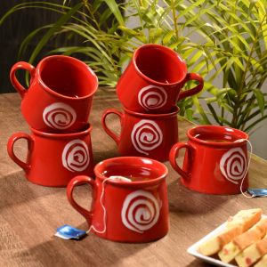 Unravel India hand crafted stoneware red coffee mug set(Set of 6)