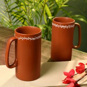 Unravel India earthern print ceramic brown beer mug (Set of 2)