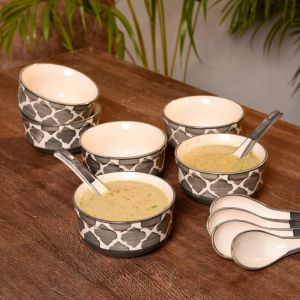 Unravel India ceramic black & white handpainted umrao pattern soup bowl(Set of 6)