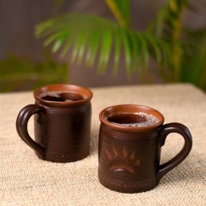 Unravel India Stoneware Studio Glazed Pottery Beer Mugs (Set of 2, Black )