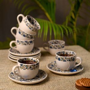 Unravel India Floral Print Stoneware Painting Tea Cup and Saucer Set (Multicolor, Set of 6)