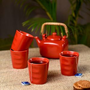 Unravel India Stoneware Tableware Serving Tea kettle Tea-pot with Tea Mugs, (Red, 4 Mugs & 1 Kettle)