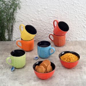 Unravel India Ceramic tableware serving hand knitted multicolor snack set(Set of 6 Mug & 2 Bowl)
