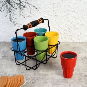 Unravel India ceramic multicolor cutting chai kulhad with Stand (6 Kulhad & 1 stand)