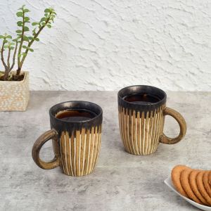 Unravel India Studio Pottery Ceramic Coffee Mugs(Set of 2, Brown & Off-White)