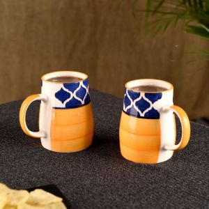 Unravel India moroccon handpainted blue/yellow coffee mugs(Set of 2)