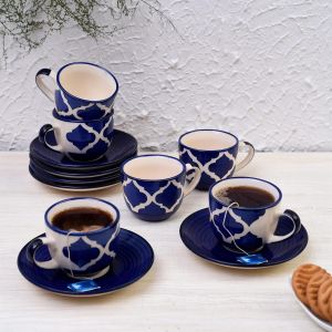 Unravel India "Blue Moroccan" Handpainted Ceramic Cups Saucer(6 Cup, 6 Saucer)