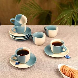 Unravel India Ceramic "Duo-color" cup-saucer set for Tea/Coffee(6 Cup,6 Saucer)