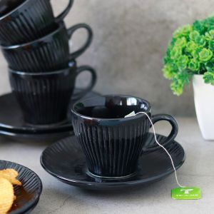 Unravel India black stoneware cup & saucer set(6 Cup, 6 Saucer)