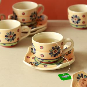 Unravel India "Flower Petals" handpainted ceramic cup & saucer set(6 Cup, 6 Saucer)