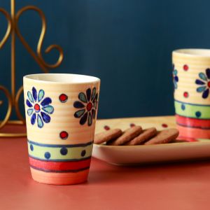 Unravel India "Flower Petals" handpainted ceramic tumbler with tray(2 Glass, 1 Tray)