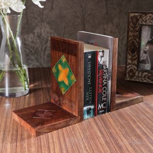 Unravel India Wooden Book End Set with Ceramic Tiles
