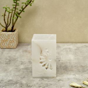 Unravel India Handcarved white pen stand in Soap Stone