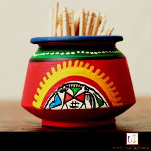Unravel India Warli Painted Terracotta Toothpick Stand and Toothpick set