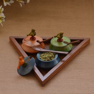 Unravel India Wooden Triangular Jar Set with Base Tray and Spoon