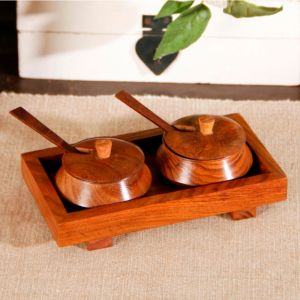 Unravel India Wooden Brown 2 Jar set with Base Tray and Spoon
