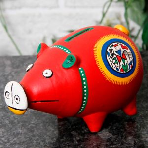 Unravel India Terracotta Red Warli handpainted Piggy Bank
