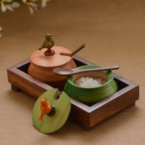 Unravel India Wooden Multicolored 2 Jar set with Base Tray and Spoon