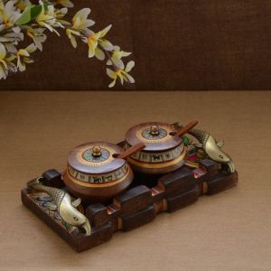 Unravel India Wooden Handpainted Handi Set with Tray & Spoons