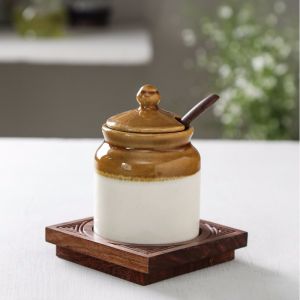 Unravel India ceramic Pickle jar & spoon set  with wooden base stand