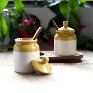 Unravel India Ceramic Pickle Jar & Spoon set with wooden base stand(Set of 2)