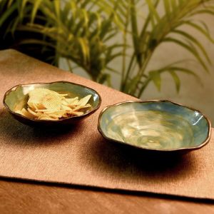 Unravel India Studio pottery Ceramic serving platter for Snacks & Starters, (Studio Green, Set of 2) 