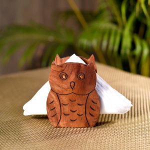 Unravel India wooden handcrafted brown owl shape tissue holder