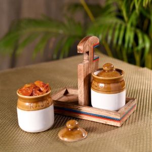 Unravel India ceramic martaban jar with wooden holder stand