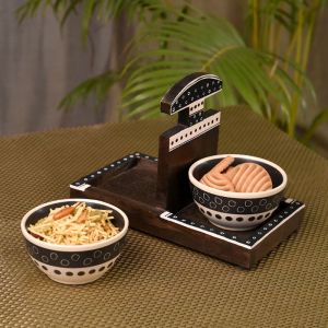 Unravel India ceramic tableware handpainted snack bowl set with wooden holder stand