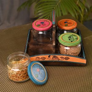 Unravel India Glass & Mango Wood Carving Jars With Stand for Kitchen Dried Masala Storage Jar | Cookies Jar|  Spice Jar| Spice Masala Jar (Set of 4)